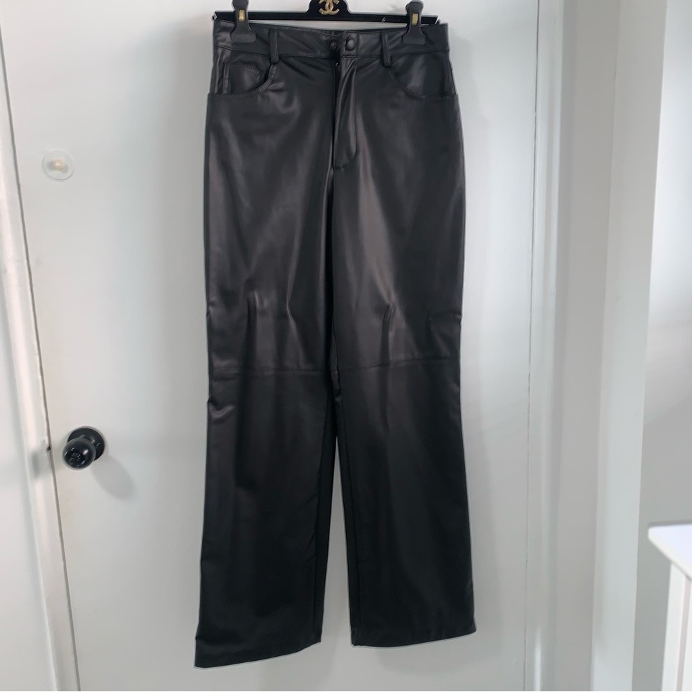 NWOT Zara Black Leather straight leg Trousers size 28 #leather pant